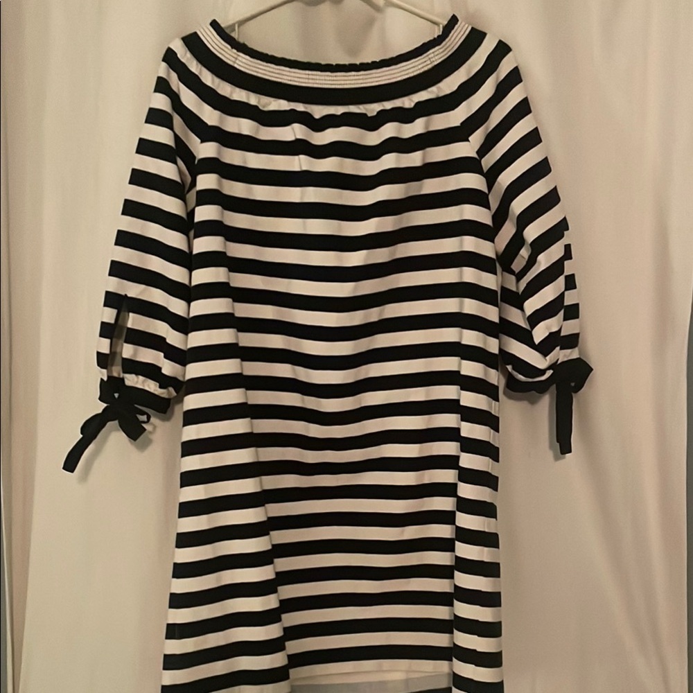J. Crew Navy Blue and White 3/4 Sleeve off the Shoulder Mini Dress - Picture 3 of 3